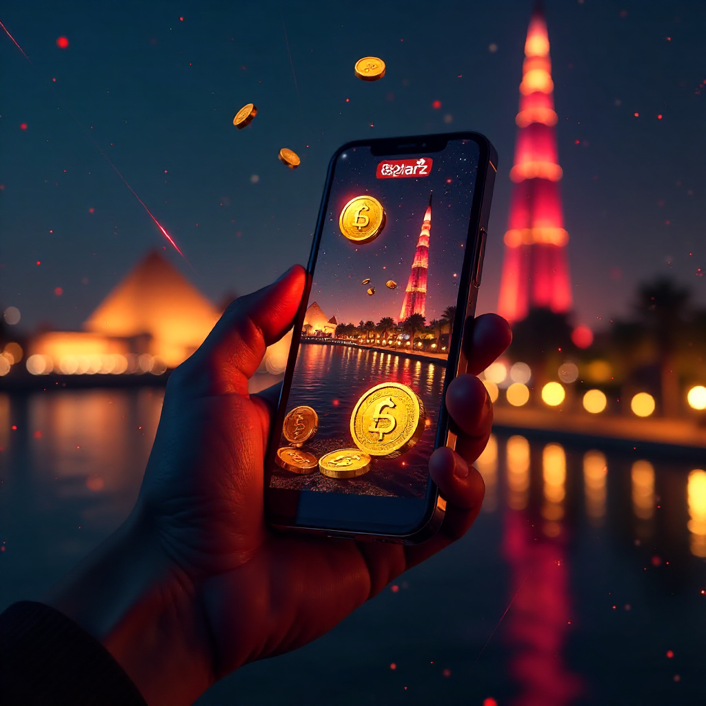 Futuristic hand holding a transparent glass smartphone displaying 888starz official Arabic app, background is the Cairo Tower and Nile river at night with glowing red laser beams and golden bokeh, 3D holographic gold EGP coins and soccer balls floating, n